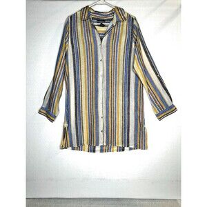 JNY Jones New York Striped Linen Tunic Shirt Women's Medium Blue‎ Yellow Brown